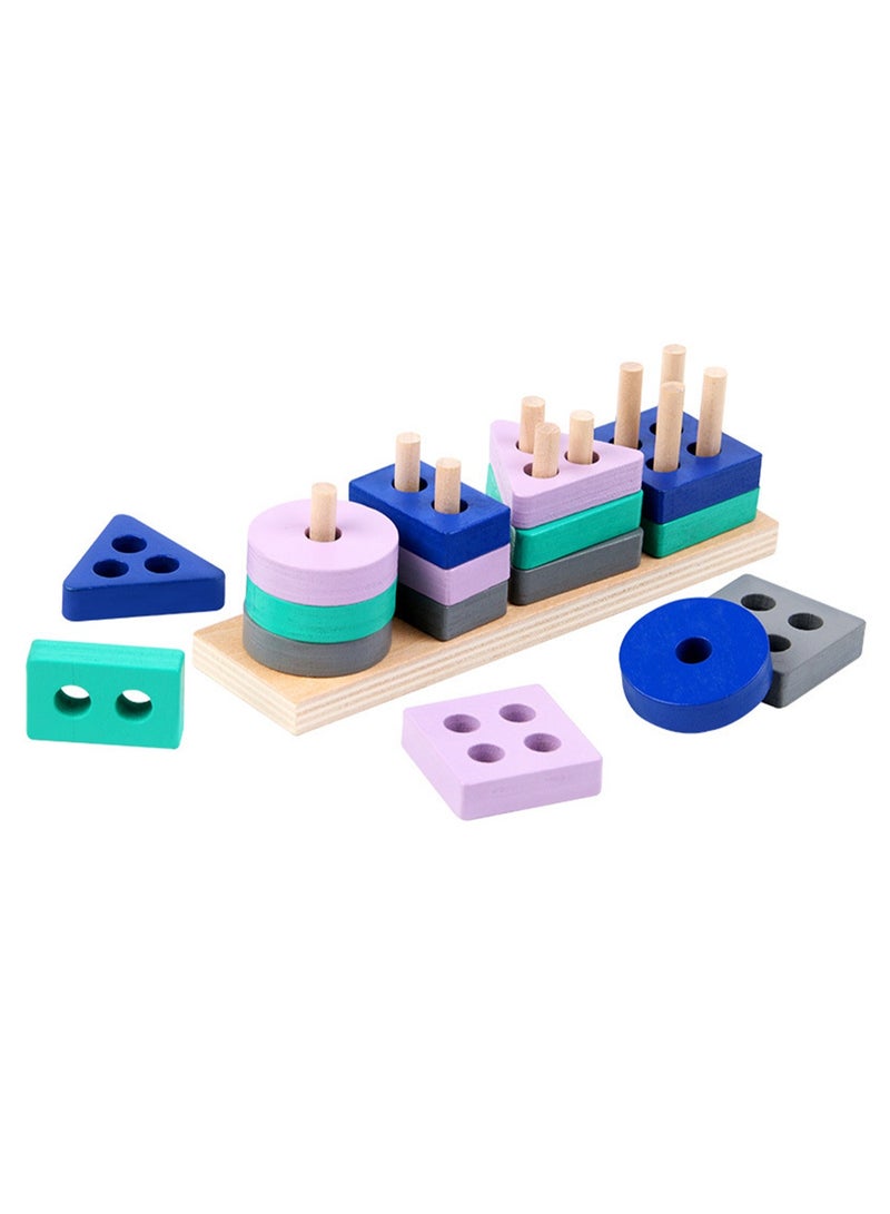 لعبة تركيب خشبية مكونة من أربع قطع هندسية على شكل عمود شاطئ خشبي مكون من أربع قطع بألوان الماكارون من أجل التعليم المبكر للأطفال، لوحة ذكاء هندسية مطابقة للأشكال، ألعاب مكعبات البناء - Image 1